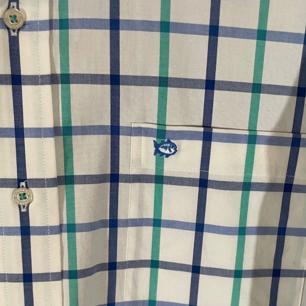 Southern Tide Mens Large Blue Green Check Long Sleeve Button Down Skipjack Shirt